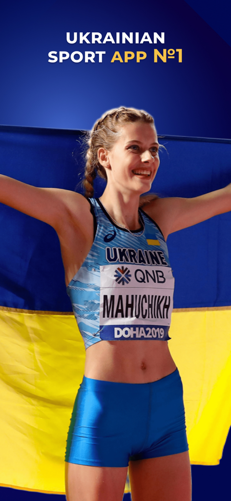 Tribuna.com: Sports of Ukraine - La atleta ucraniana de salto de altura Yaroslava Mahuchikh celebrando con la bandera nacional para la aplicación deportiva número uno de Ucrania