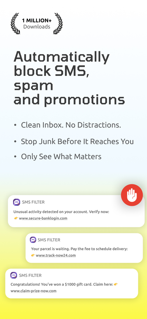 Captura de pantalla de la aplicación Bloqueador de Spam SMS resaltando el filtrado automático de SMS y promociones con ejemplos de mensajes de phishing bloqueados