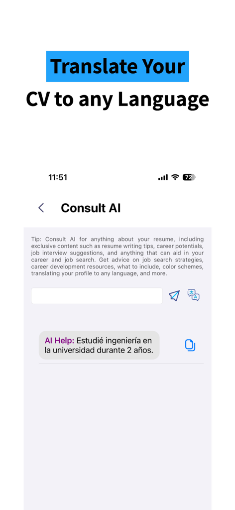 A mobile app interface titled Consult AI showing a feature to translate a professional CV into Spanish