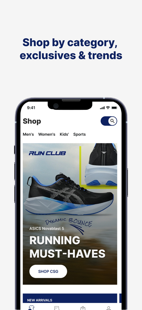 Champs Sports: Shoes & Apparel - Interfaccia dell'app Champs Sports che mostra le categorie di calzature e le tendenze attuali delle scarpe da corsa