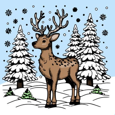 a realistic christmas rain deer with snowy trees