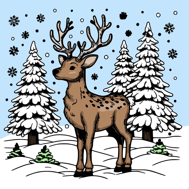 a realistic christmas rain deer with snowy trees