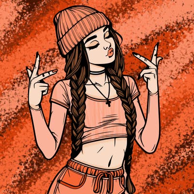 realistic teenage girl with braids and a beanie and crop top doing 🫶🏼