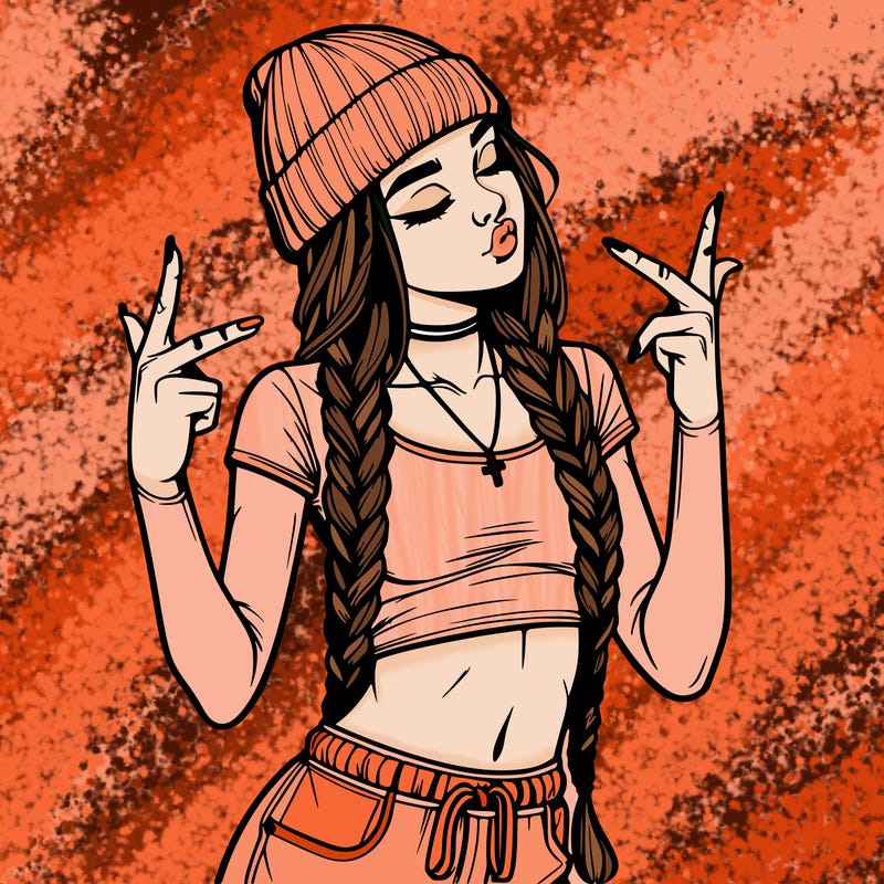 realistic teenage girl with braids and a beanie and crop top doing 🫶🏼