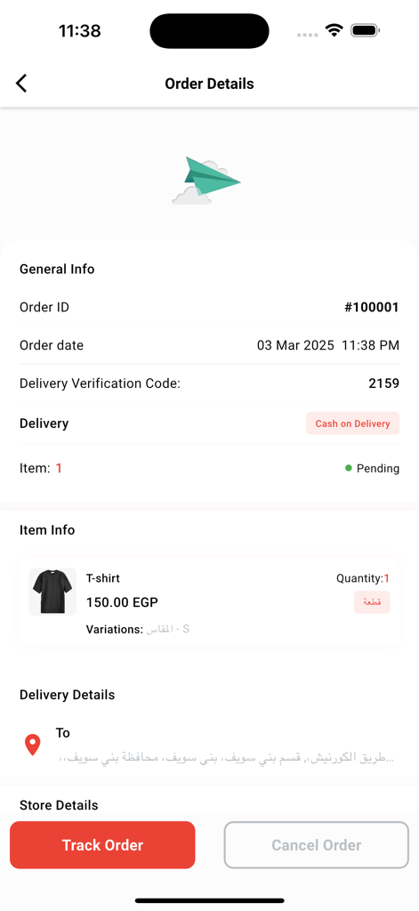 Screenshot dell'app mobile che mostra i dettagli dell'ordine inclusi ID, data, articoli e opzioni di tracciamento nell'app di shopping Bazar.