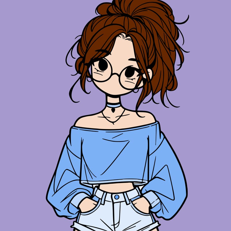 girl with a messy ponytail glasses a baggy crop top and jean shorts