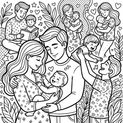 Discover a heartwarming coloring page celebrating the tender love between babies and their parents. Designed with clear, thick lines, it offers a comforting and engaging artistic activity perfect for seniors.