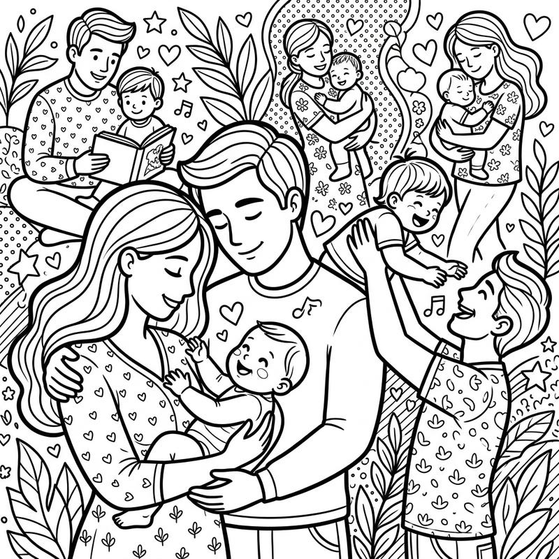 Discover a heartwarming coloring page celebrating the tender love between babies and their parents. Designed with clear, thick lines, it offers a comforting and engaging artistic activity perfect for seniors.