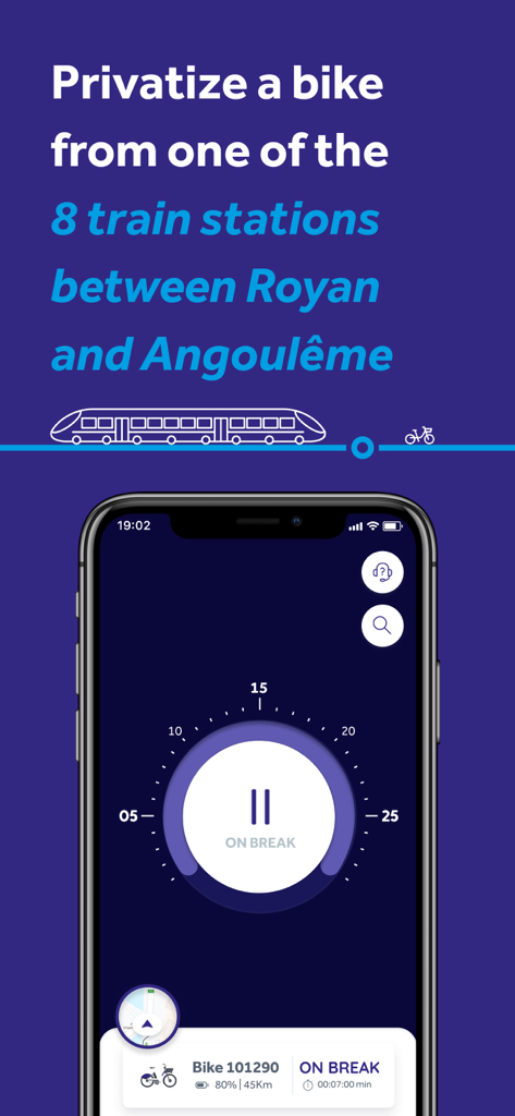 Vélo Modalis - Affichage de smartphone montrant l'application Velo Modalis avec un vélo électrique loué en mode pause.