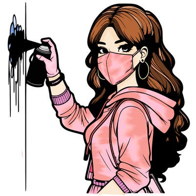 realistic girl with mask spray painting a wall