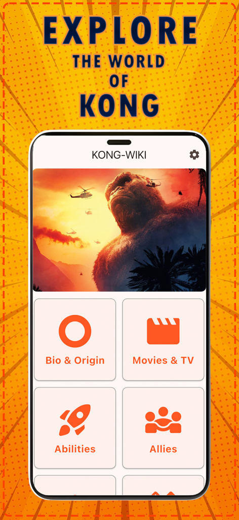 Kong Wiki | KongPedia - Home screen of the Kong Wiki app displaying categories for King Kong lore movies and abilities