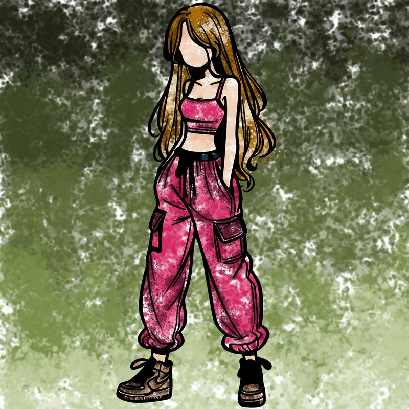 girl in baggy pants crop top and long hair