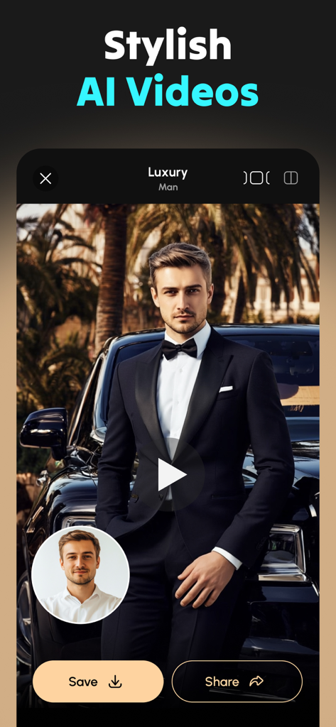 AI-generated video of a man in a tuxedo with a luxury car using the EVO AI app