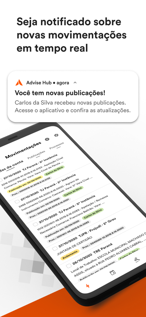 Advise Hub app screen showing real-time legal movement notifications and case updates on a smartphone