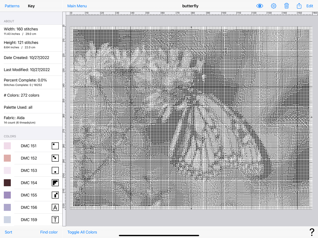 Cross Stitch Creator iPad app displaying a detailed butterfly pattern and DMC thread list.