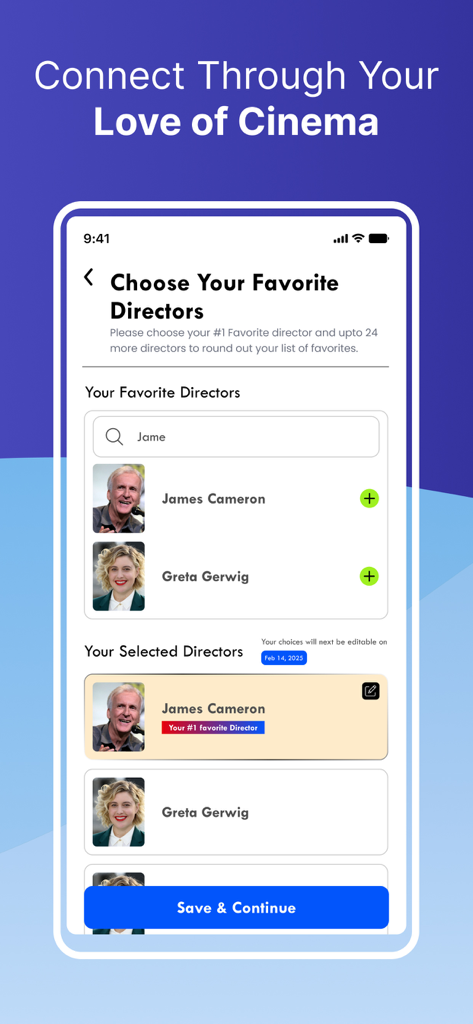 CineConnections - A screenshot of the CineConnections app interface where users can select their favorite directors like James Cameron and Greta Gerwig to personalize their dating profile.