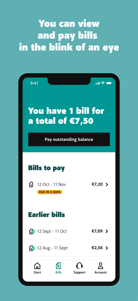 My BASE - Capture d'écran de mon application BASE montrant la section des factures avec le solde impayé et l'historique des paiements