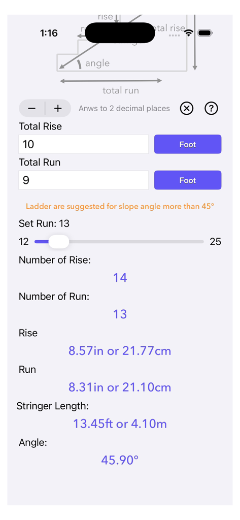 Stair Calculator Plus app interface showing calculated rise, run, stringer length, and angle results.
