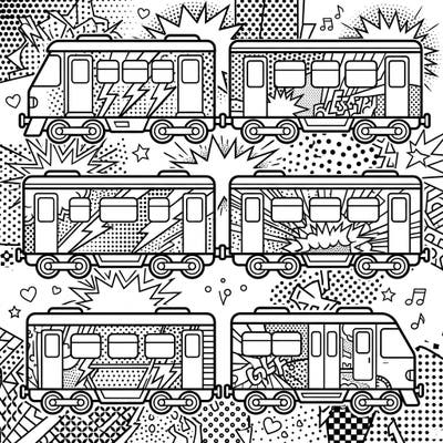 Dive into a world of vibrant energy with this exciting Pop Art passenger cars coloring page. Featuring bold comic book designs and multiple train carriages, it's a perfect canvas for creative minds.