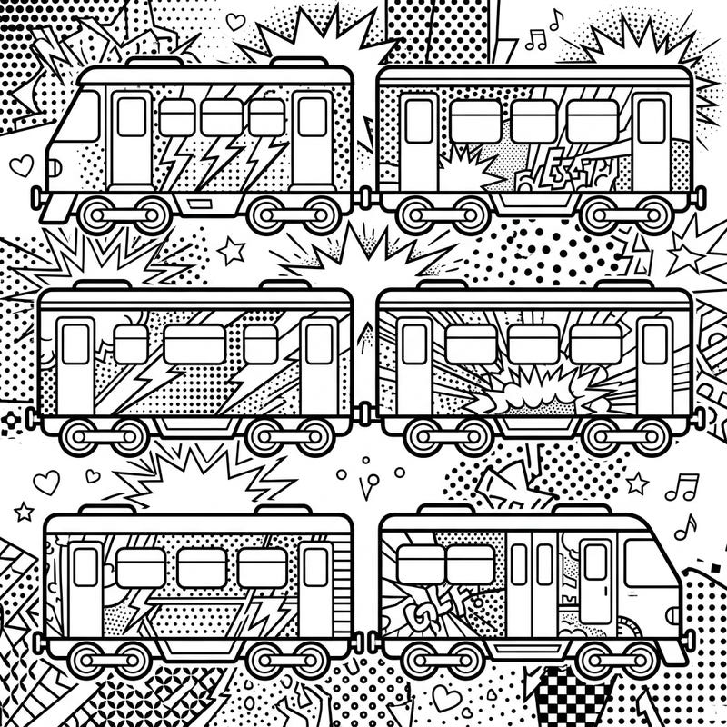 Dive into a world of vibrant energy with this exciting Pop Art passenger cars coloring page. Featuring bold comic book designs and multiple train carriages, it's a perfect canvas for creative minds.