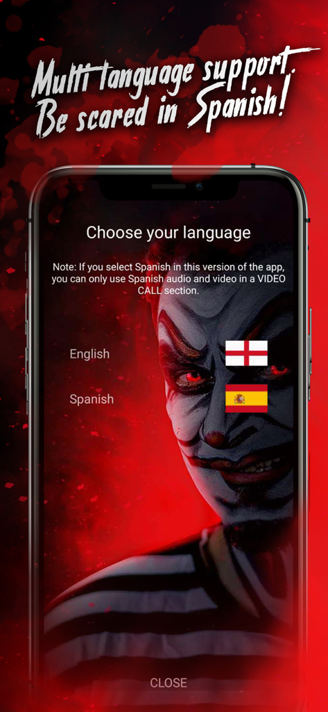 Killer Clown Calls You - Language selection screen in the Killer Clown Calls You app showing English and Spanish options with flags