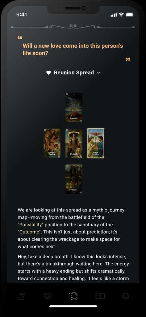 Tarot Reading: Love & Advice - Uno screenshot mobile dell'app Lettura Tarocchi che mostra uno Spread di Riunione con carte e un'interpretazione spirituale dettagliata per una domanda d'amore.