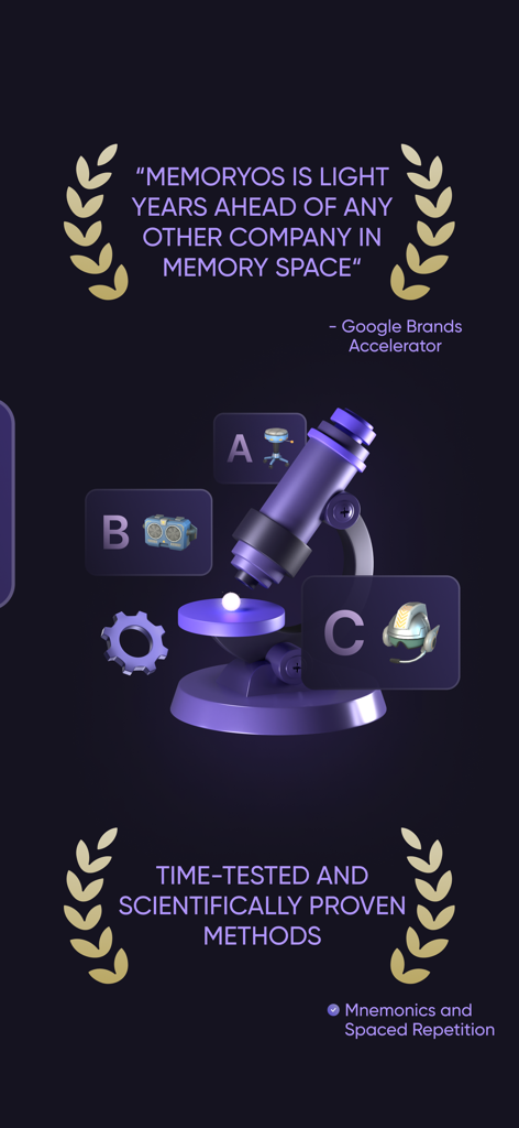 memoryOS・Improve Memory Skills - Promotional graphic for memoryOS highlighting scientifically proven memory methods and a quote from Google Brands Accelerator.