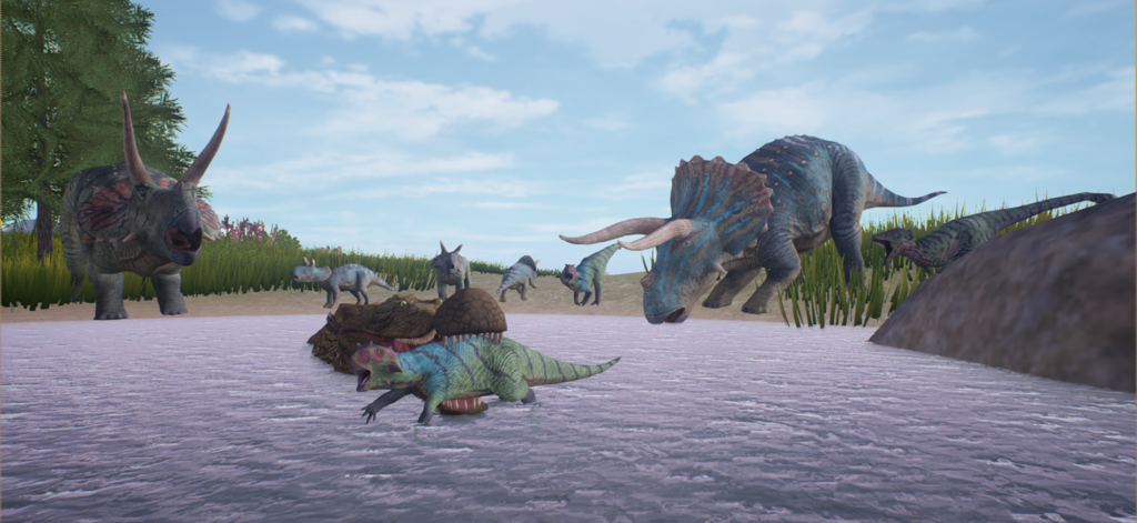 A herd of realistic Triceratops and other dinosaurs gathering by the water in a survival simulator