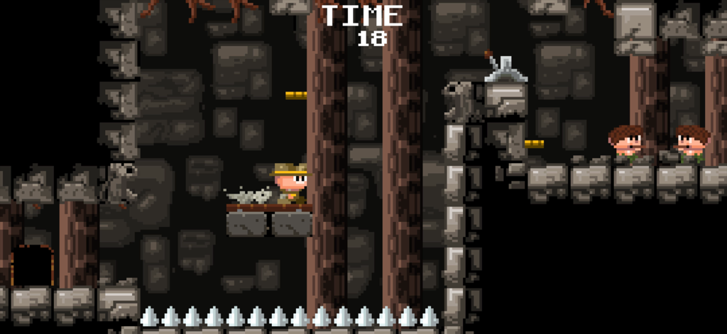 Gameplay a pixel art retro a 8-bit del platformer Meganoid 2 in un livello di dungeon