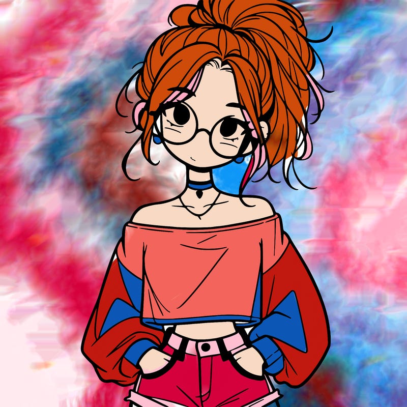 girl with a messy ponytail glasses a baggy crop top and jean shorts