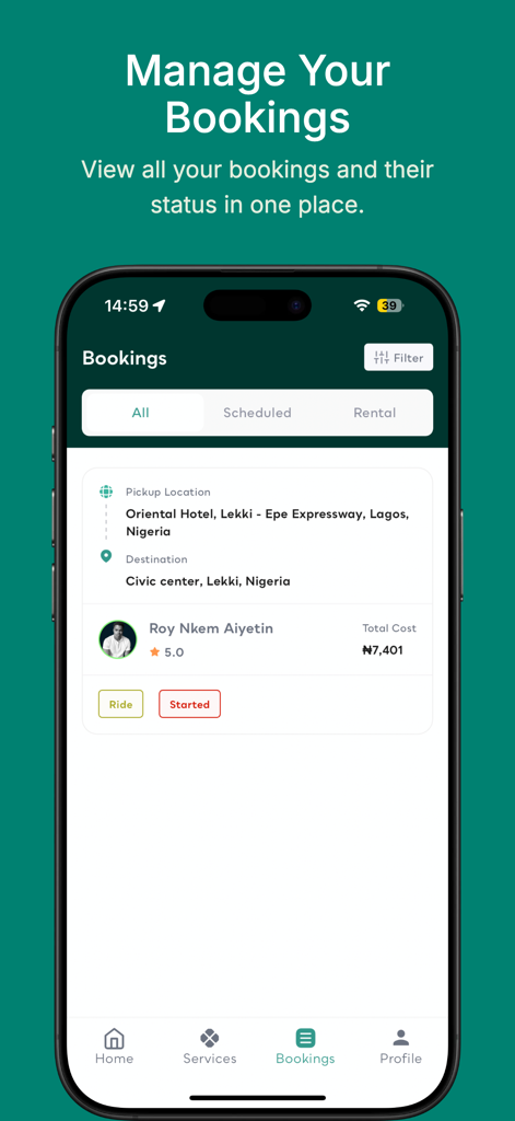 The eDryv mobile app screen showing ride booking management with pickup location and driver details.