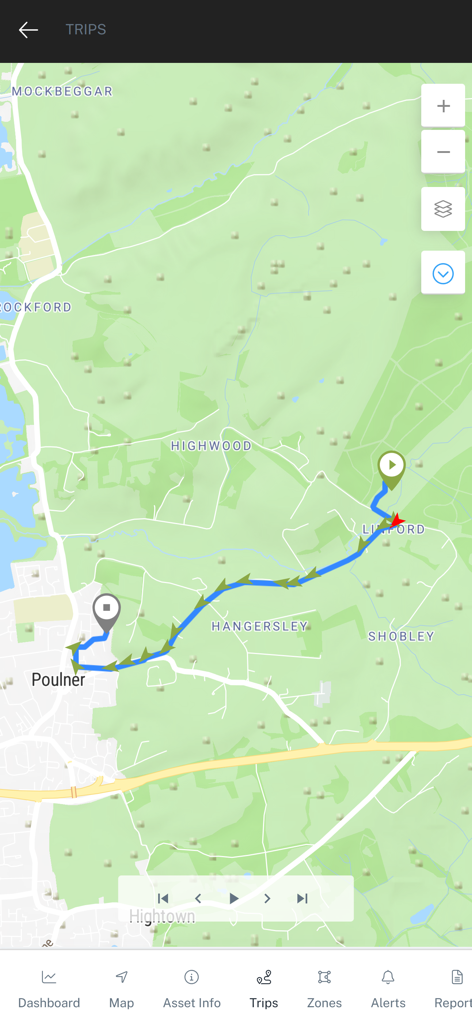 RX Tracking - A mobile app interface showing a vehicle's trip history on a map with start and end points