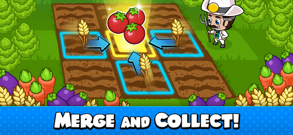 Idle Farm Tycoon - Merge Game - Gameplay screenshot of Idle Farm Tycoon showing crops being merged and a cartoon manager.