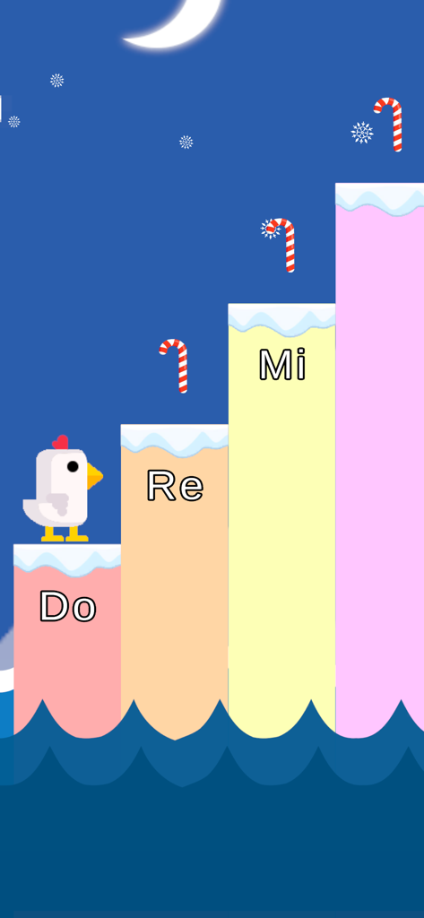 A white chicken character on musical platforms labeled Do Re Mi in a winter themed challenge