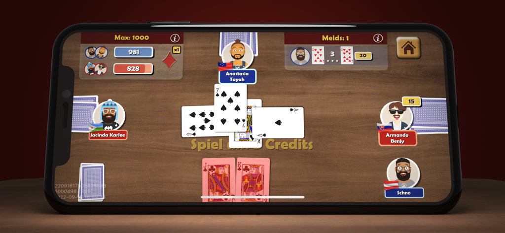 Gameplay of Jassen Online Schieber Jass showing four players at a virtual wooden table