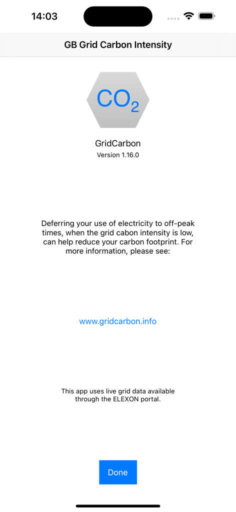 GridCarbon - GridCarbon app info screen showing carbon intensity description and GB grid data source details