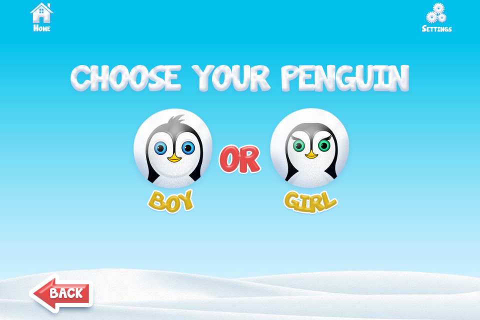 Positive Penguins character selection screen featuring boy and girl penguin avatar options on a blue sky background