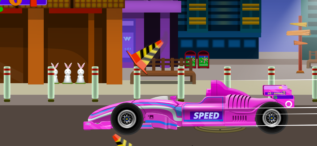 Truck Builder - Games For Kids - A pink race car with the word speed driving through a cartoon city