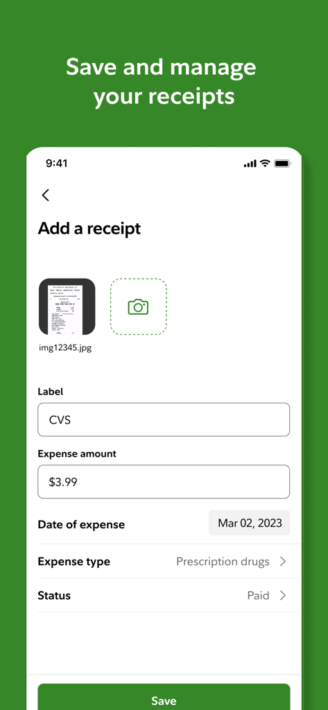 Interface of the Fidelity Health app showing the Add a receipt screen with details for a CVS prescription drug expense.