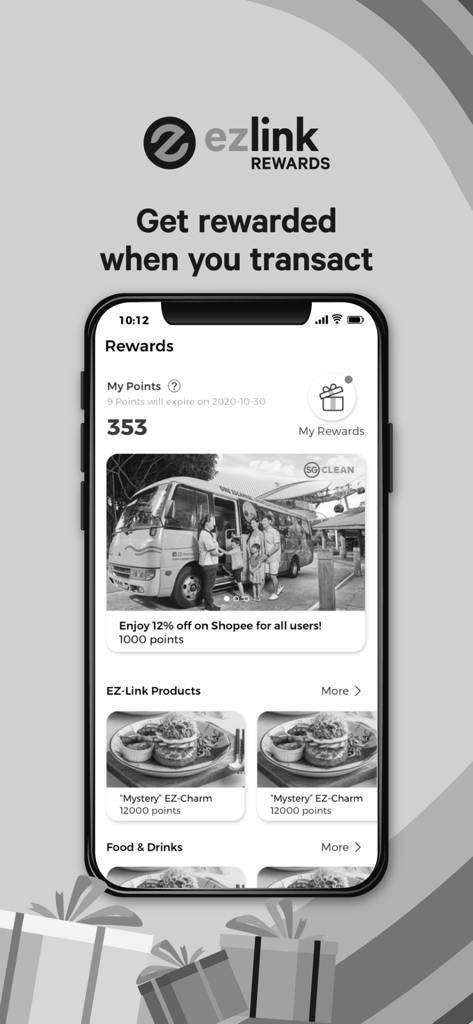 EZ-Link app (discontinued) - Interfaz de recompensas de la aplicación EZ-Link que muestra puntos de fidelidad y descuentos disponibles para compras y comida.