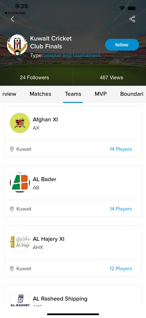 Kuwait Cricket Club - A list of domestic cricket teams within the Kuwait Cricket Club mobile app interface