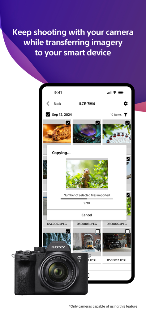 Smartphone screen showing the Sony Creators App transferring photos from a Sony Alpha camera.