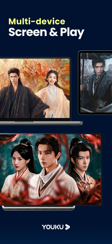 YOUKU-Drama, Film, Show, Anime - YOUKU app displayed on a laptop tablet and TV showing different Chinese drama series