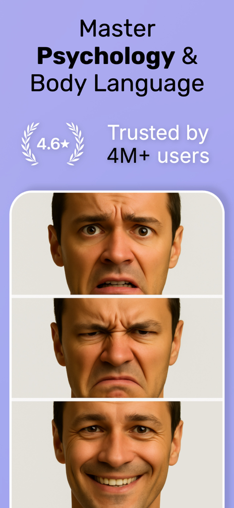 Domina la aplicación de psicología y lenguaje corporal que muestra ejemplos de microexpresiones faciales