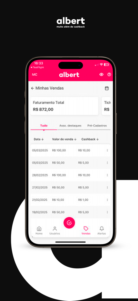 oi, albert para parceiros - Merchant sales dashboard showing total billing and transaction history in the Albert app