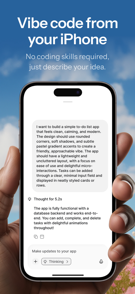Anything - AI App Builder - Una pantalla de iPhone que muestra un prompt de lenguaje natural utilizado para crear una aplicación móvil con Anything AI App Builder