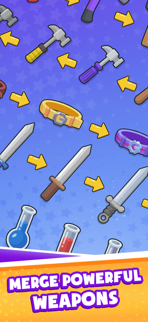 Backpack Hero: Merge Weapons - Una guía visual que muestra cómo fusionar martillos, cinturones y espadas en armas más potentes en Backpack Hero