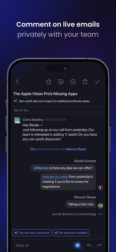 Shortwave - AI Email - Interface showing private team comments inside a live email thread for professional collaboration