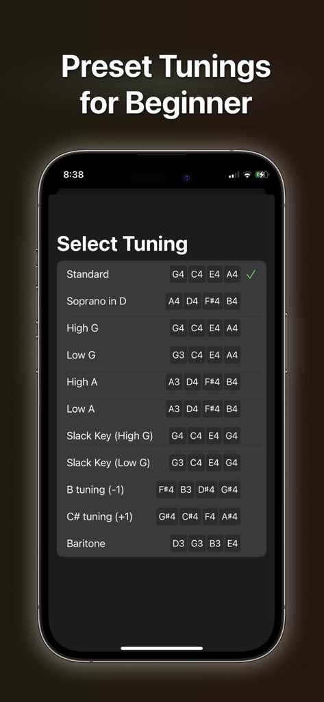 Uke Tuner: Song Chord Ukulele - List of preset ukulele tuning options for beginners in the Uke Tuner app interface