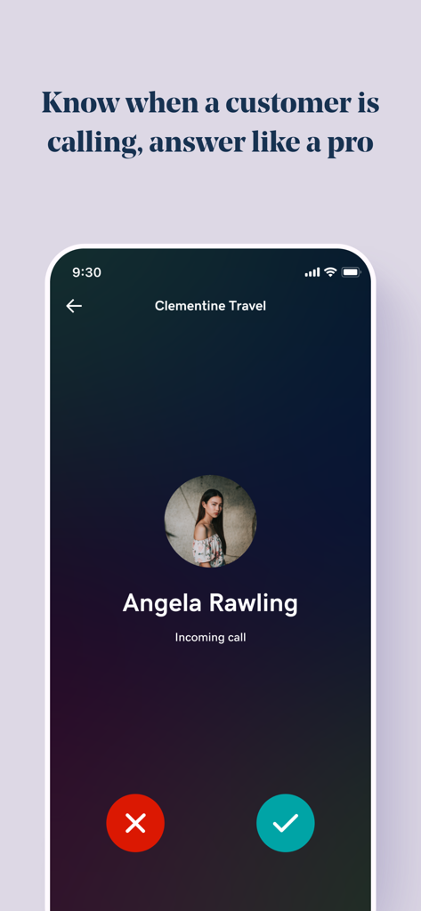 An incoming business call screen on the GoDaddy Conversations app showing the caller name and business name.